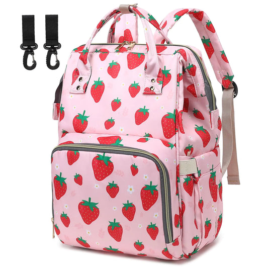 Strawberry Baby Diaper Backpack – Waterproof, Spacious for moms on the go.