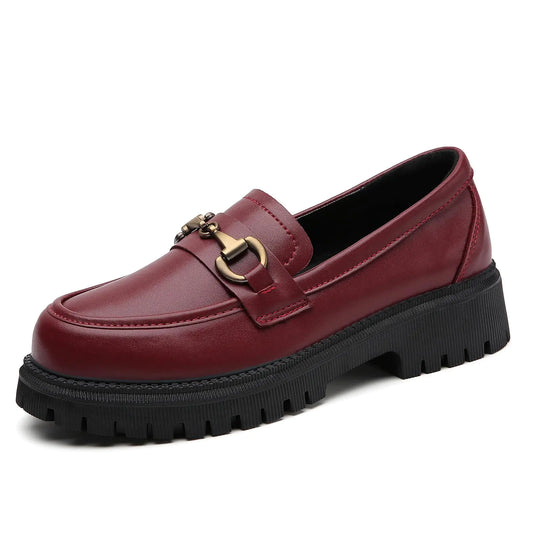 Red Chunky Heel Platform Loafers for Women