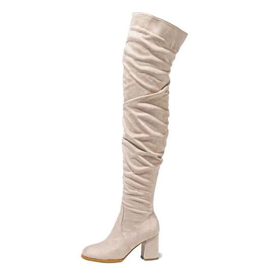 Women's Over-the-Knee Boots - Chunky Heel Thigh High Suede Boots