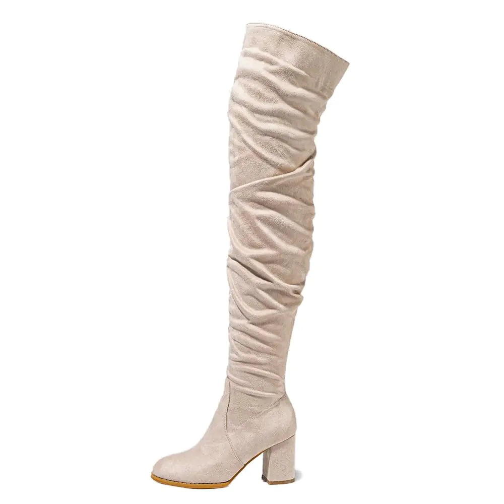 Women's Over-the-Knee Boots - Chunky Heel Thigh High Suede Boots