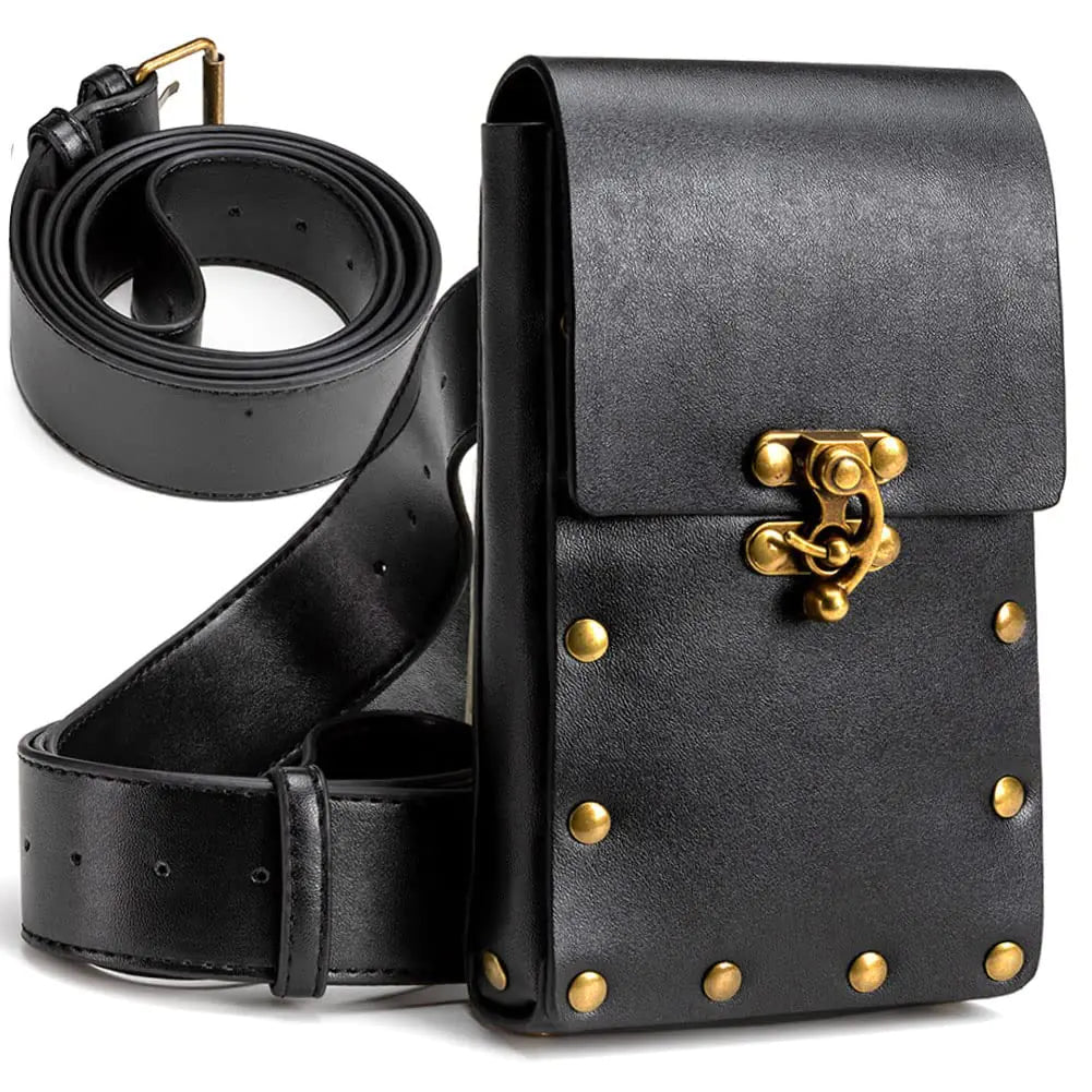 Vintage Gothic Punk Waist Pack - Medieval Bronze Hardware Leather Belt Bag