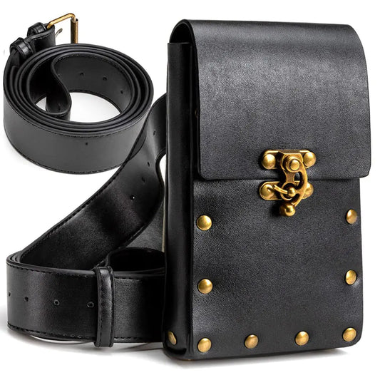 Vintage Gothic Punk Waist Pack - Medieval Bronze Hardware Leather Belt Bag
