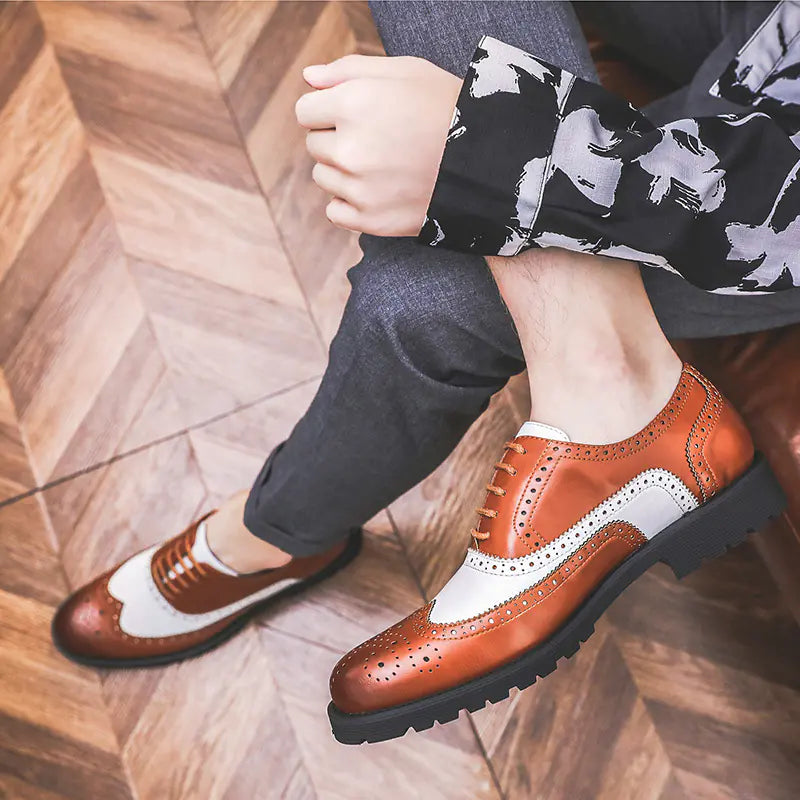 Men's Color Block Brogue Business Casual Shoes - Microfiber Leather Non-Slip