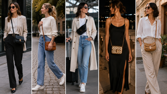 Crossbody bags styled with blazers, denim, dresses, and neutrals.