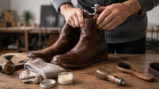 Hands stretching brown leather boots with tools on wooden table