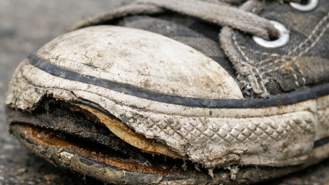 Peeling shoe sole showing wear damage and adhesive failure