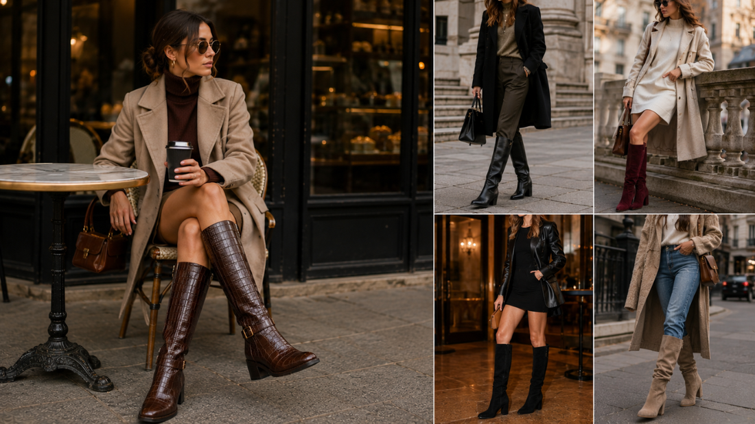 Knee-high boots styled with coats, dresses, and jeans. 