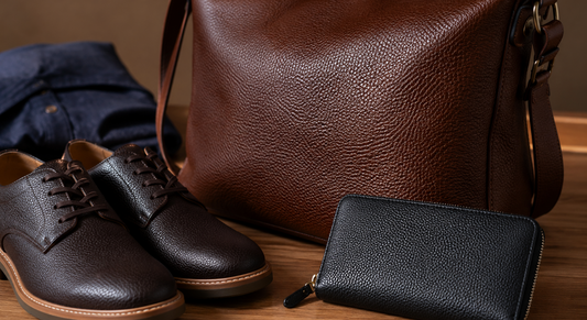 Pebbled leather handbag, shoes, and wallet showcasing textured durability