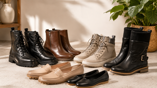 Stylish supportive women's boots and shoes arranged for comfort