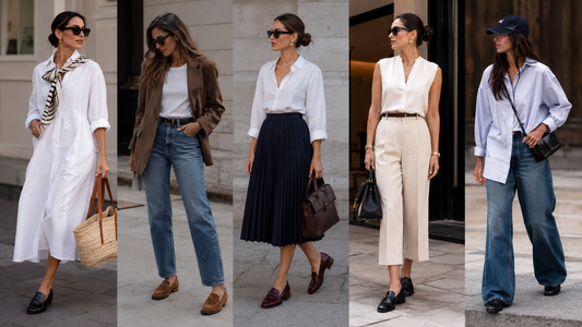 Women styling loafers with dresses, blazers, jeans, and neutrals. 