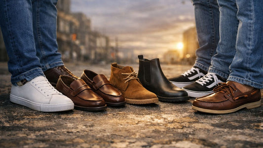  Six casual men's shoes paired with different jeans.