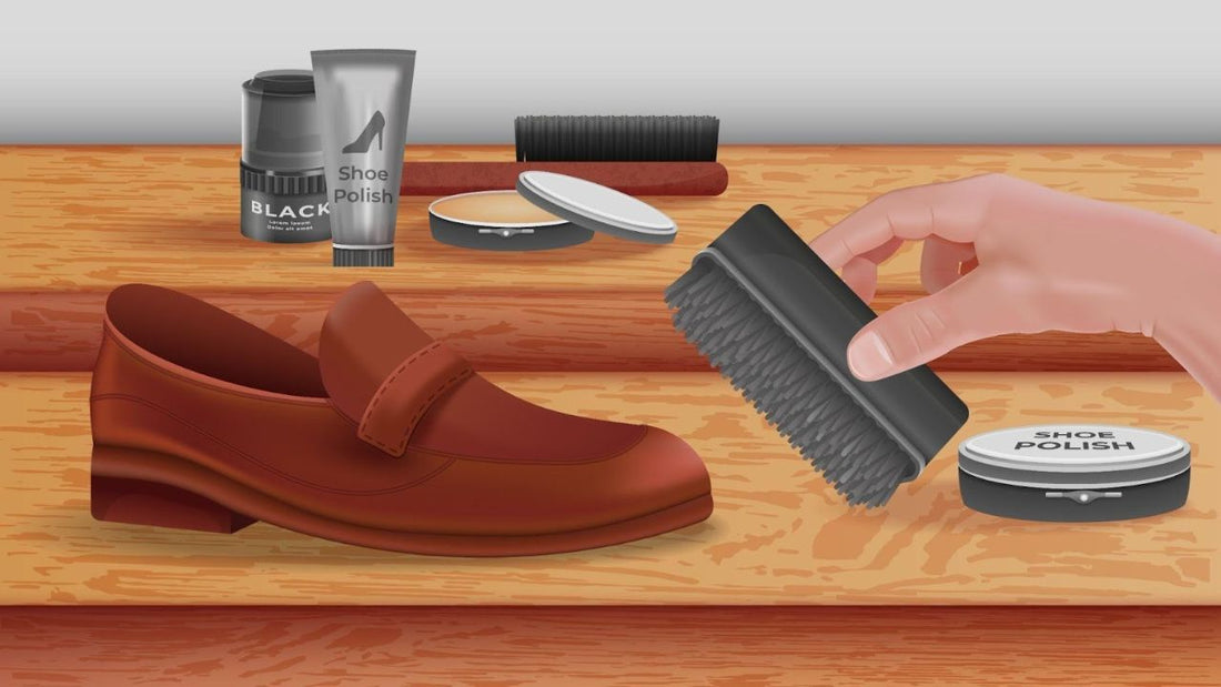 Leather shoe being conditioned with brush and care products.