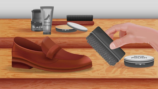 Leather shoe being conditioned with brush and care products.