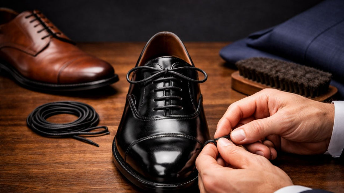 Hands tying polished Oxford shoe with neat laces