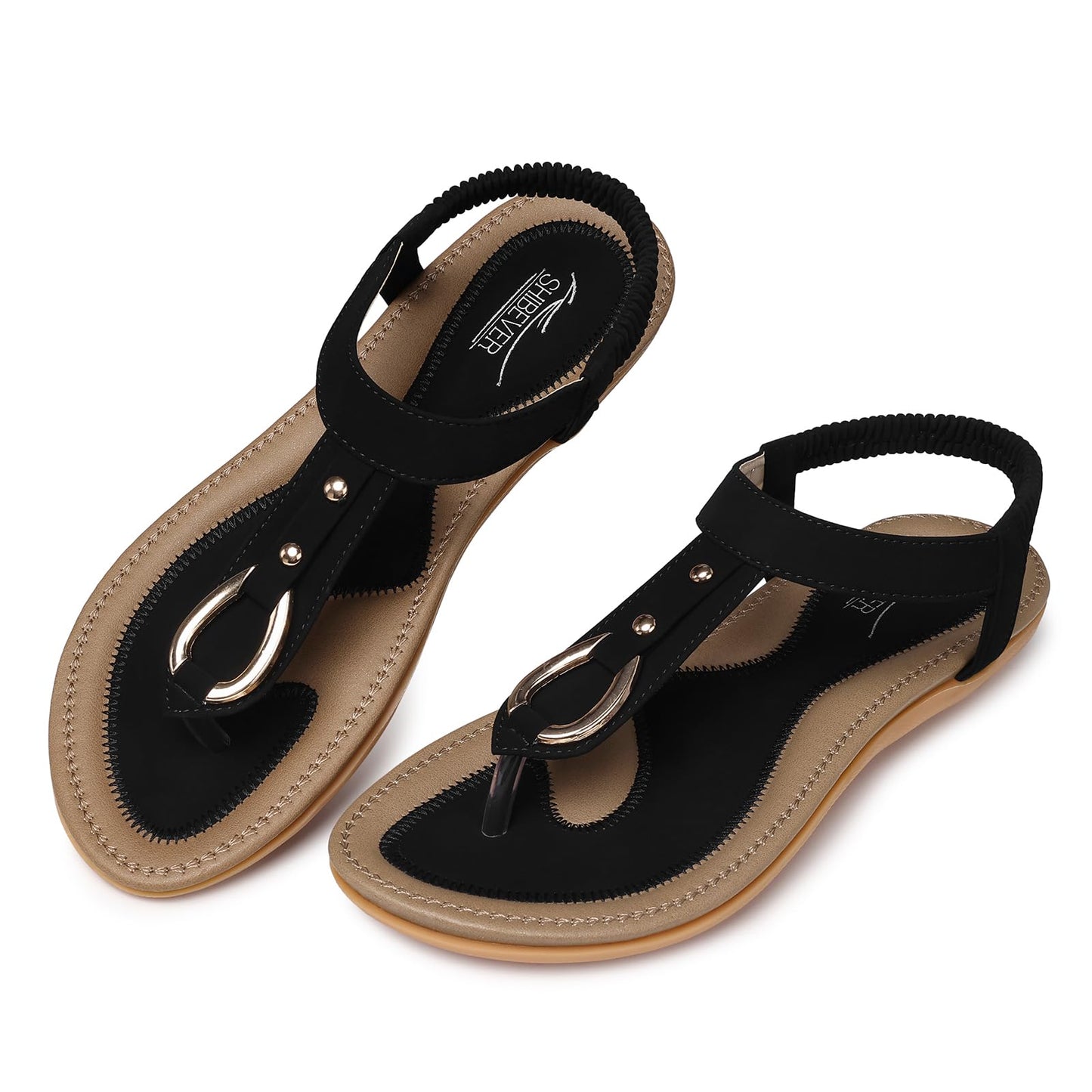 SHIBEVER Sandals Women Dressy Flat: Summer Casual Arch Support Thong Flats - Comfortable Walking Beach Sandals - Black Size 7 Elastic Ankle Strap Sandal