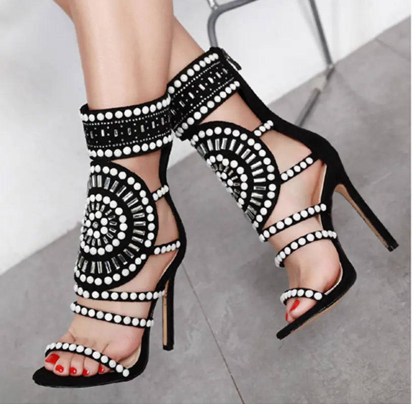 Women's Rhinestone High Heel Sandals - Roman Style Strappy Party Shoes | Elegant