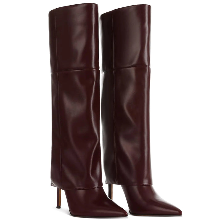 FemFlare Pointed Stiletto Knee Boots - 8 Inch Chunky Heel Vegan Leather Boots - Gotaar