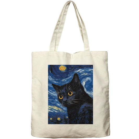 Dlzdn Starry Night Cat Canvas Tote Bag - Van Gogh Aesthetic Art Bag