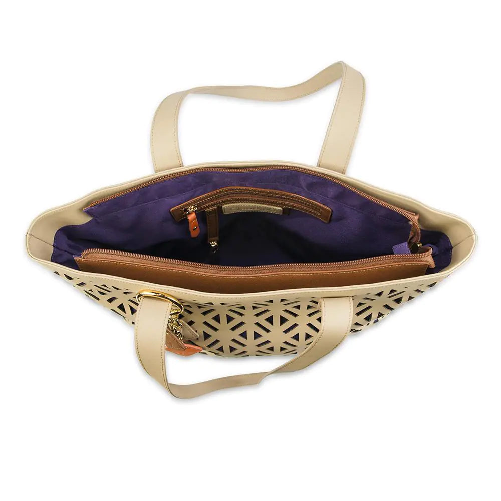 Tan Leather Luxe Tote - Classic Leather Travel Handbag with Purple Lining | Gotaar