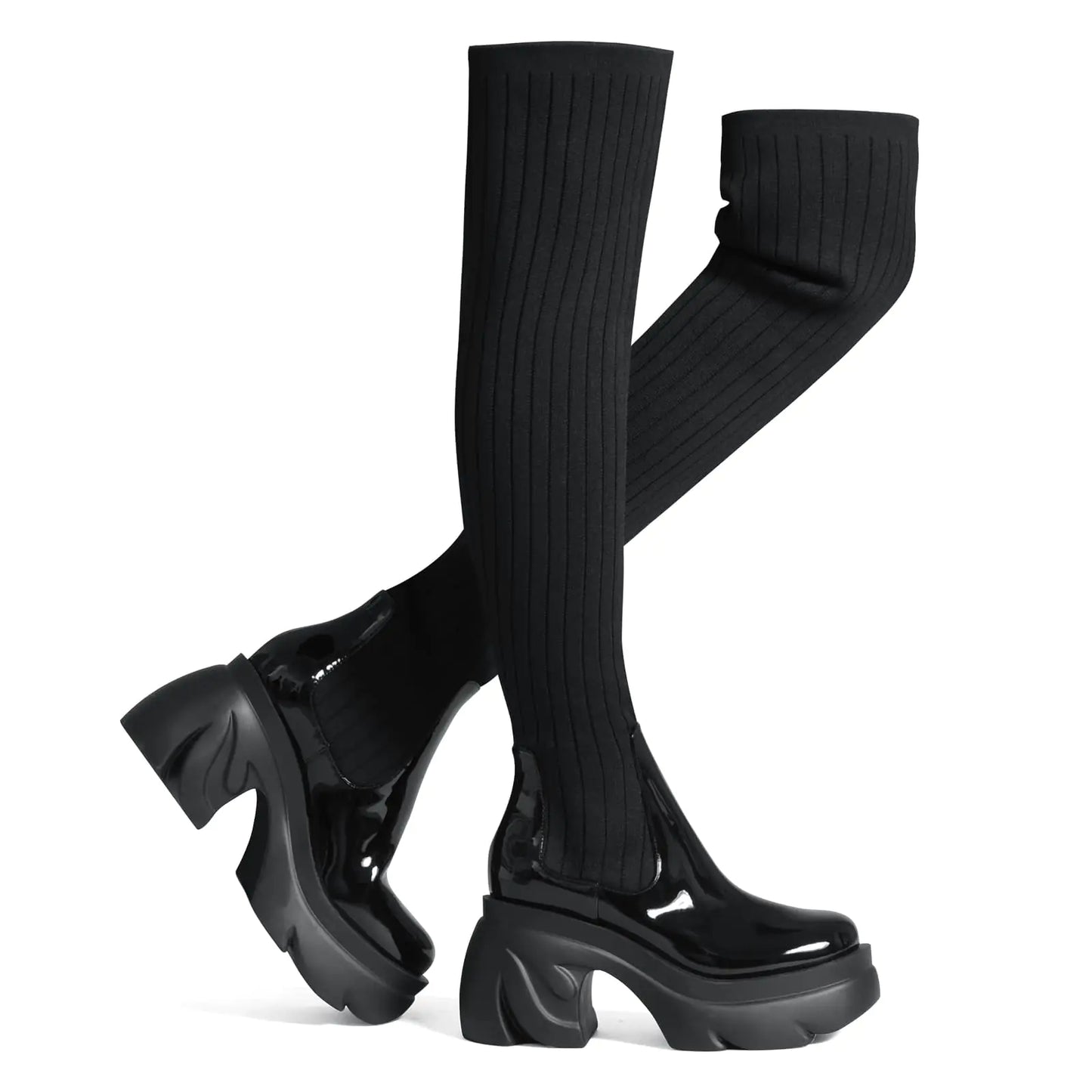 ShoeN Tale Knit Thigh-High Platform Boots - 3.54 Inch Chunky Sole Boots