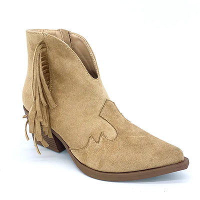 Women's Tassel Ankle Boots - Medium Block Heel Pointed Toe Booties with Fringe