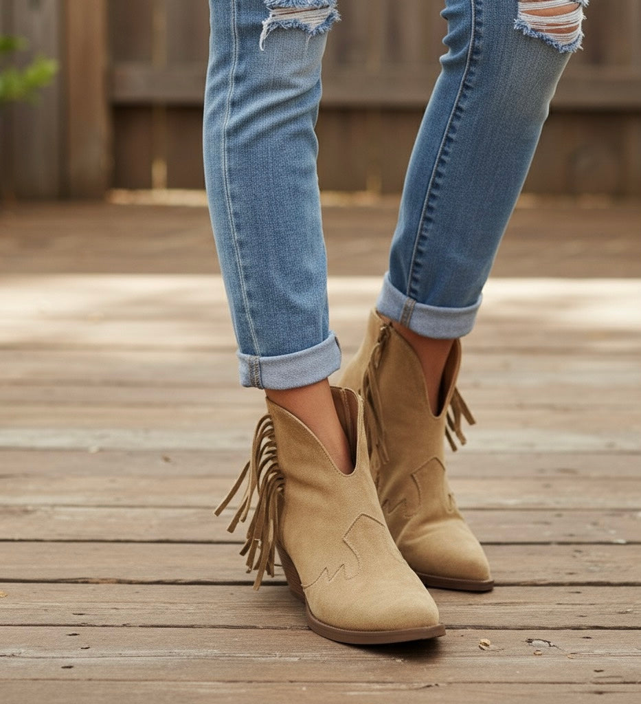 Women's Tassel Ankle Boots - Medium Block Heel Pointed Toe Booties with Fringe