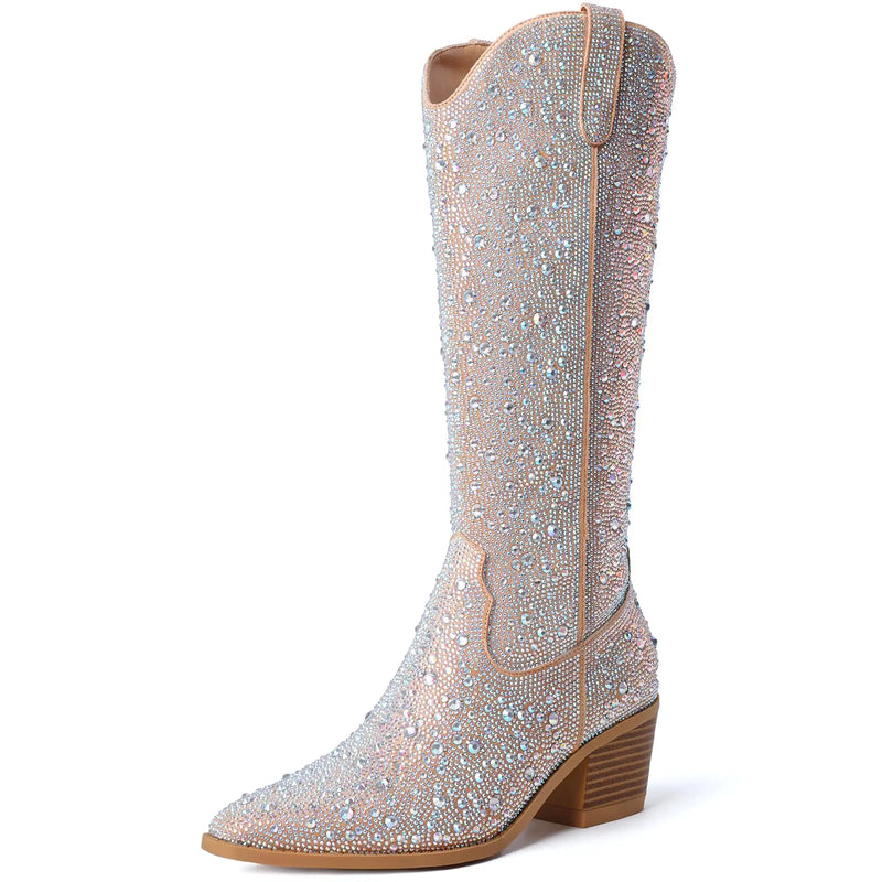 Rhinestone Cowboy Boots - Sparkly Western Knee High Boots with Block Heel - Gotaar