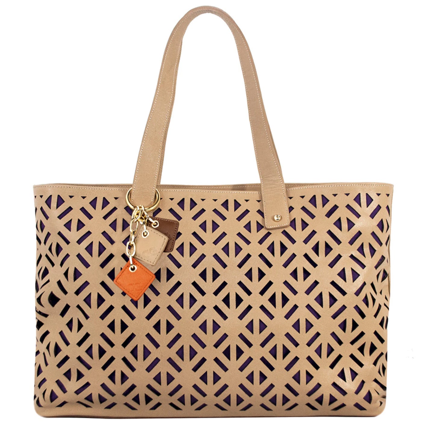 Tan Leather Luxe Tote - Classic Leather Travel Handbag with Purple Lining | Gotaar