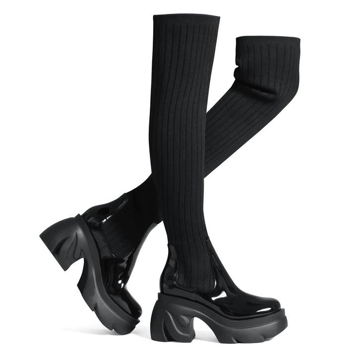 ShoeN Tale Knit Thigh - High Platform Boots - 3.54 Inch Chunky Sole Boots - Gotaar