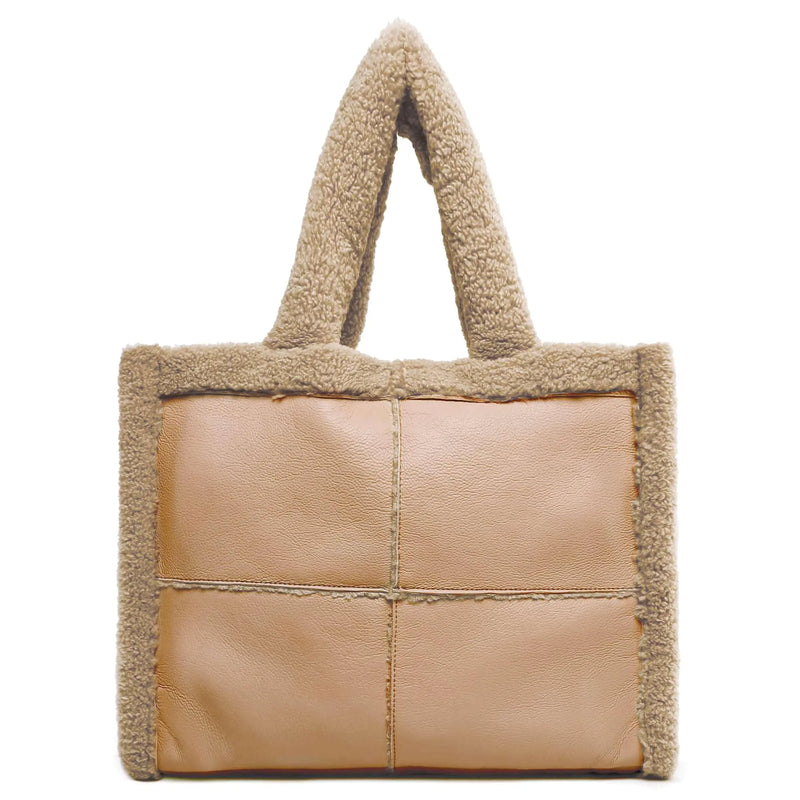 Like Dreams Large Sherpa Tote Bag - Vegan Leather Winter Purse in Nude - Gotaar