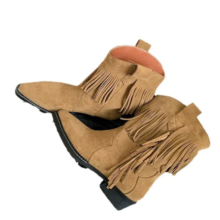 Women's Tassel Ankle Boots - Medium Block Heel Pointed Toe Booties with Fringe