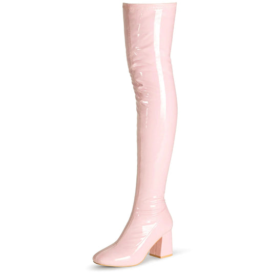 ChicStretch Pink Thigh-High Boots - 2.95 Inch Chunky Heel Patent Leather Boots