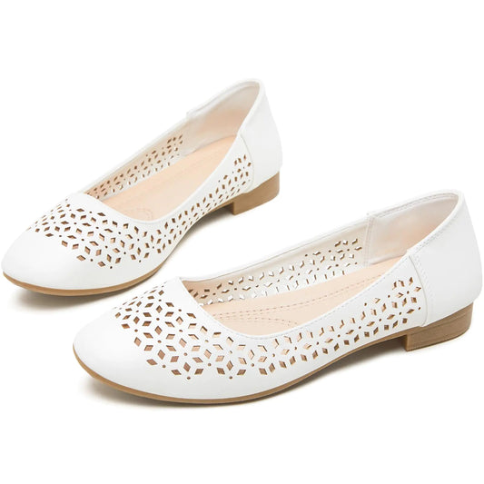 THATXUAOV Women's Ballet Flats - Breathable Round Toe Slip-On Shoes with Floral Eyelets
