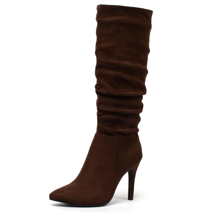 Katliu Women's Suede Knee High Boots - Pointed Toe Stiletto Slouchy Zipper Boots - Gotaar