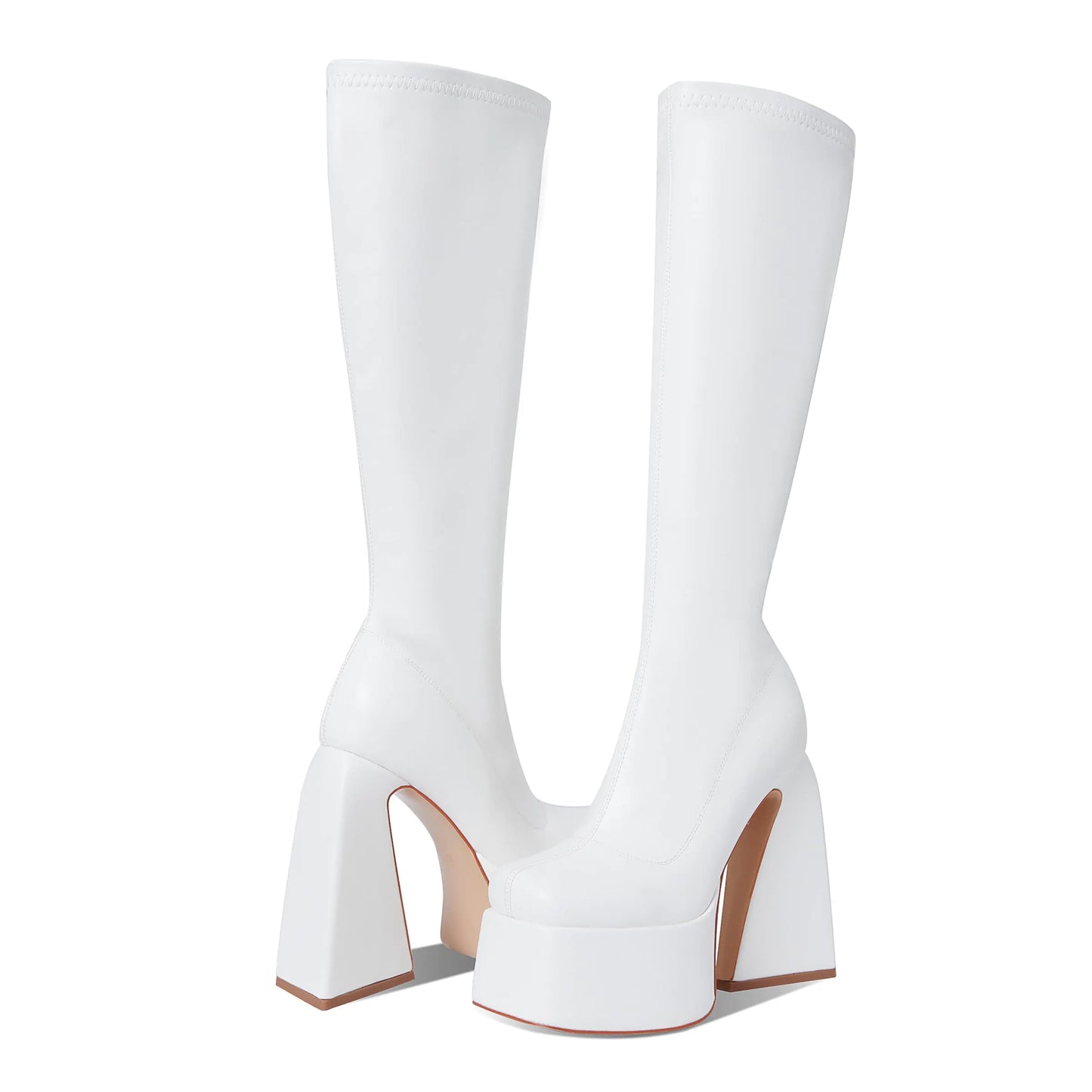 White Platform Knee High Boots - Square Toe Chunky Heel Punk Style Boots
