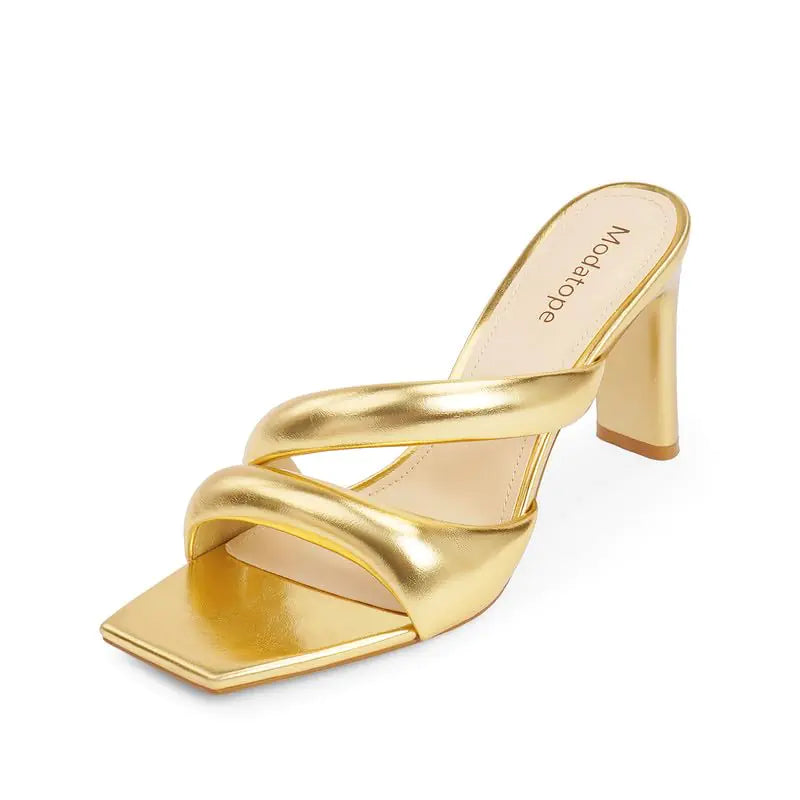 Gold Square Toe Mule Heels - 3.54 Inch Chunky Block Heel Slides
