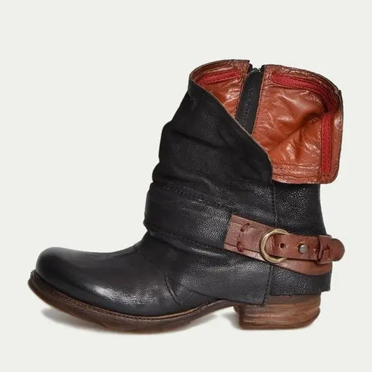 Women's Low Heel Ankle Boots - Square Toe Block Heel Booties | Waterproof PU Leather