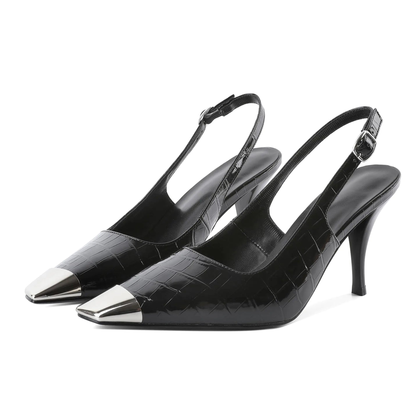 YODEKS Metallic Slingback Cap Toe Stilettos - Silver Black Croc, 3.5 Inch