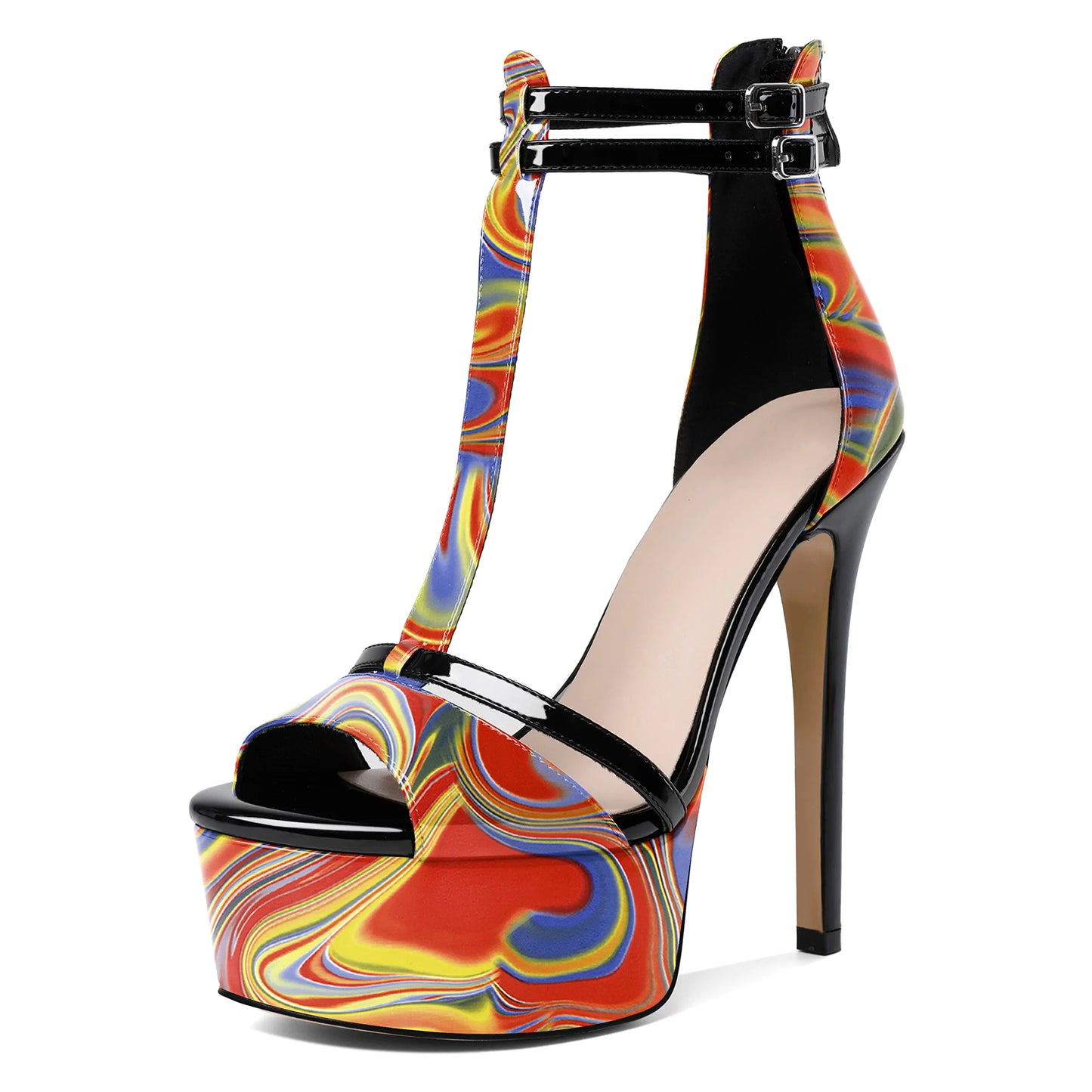 SirenStrap Stiletto Sandals - 5.5" High Heel T-Strap Sandals with Back Zipper