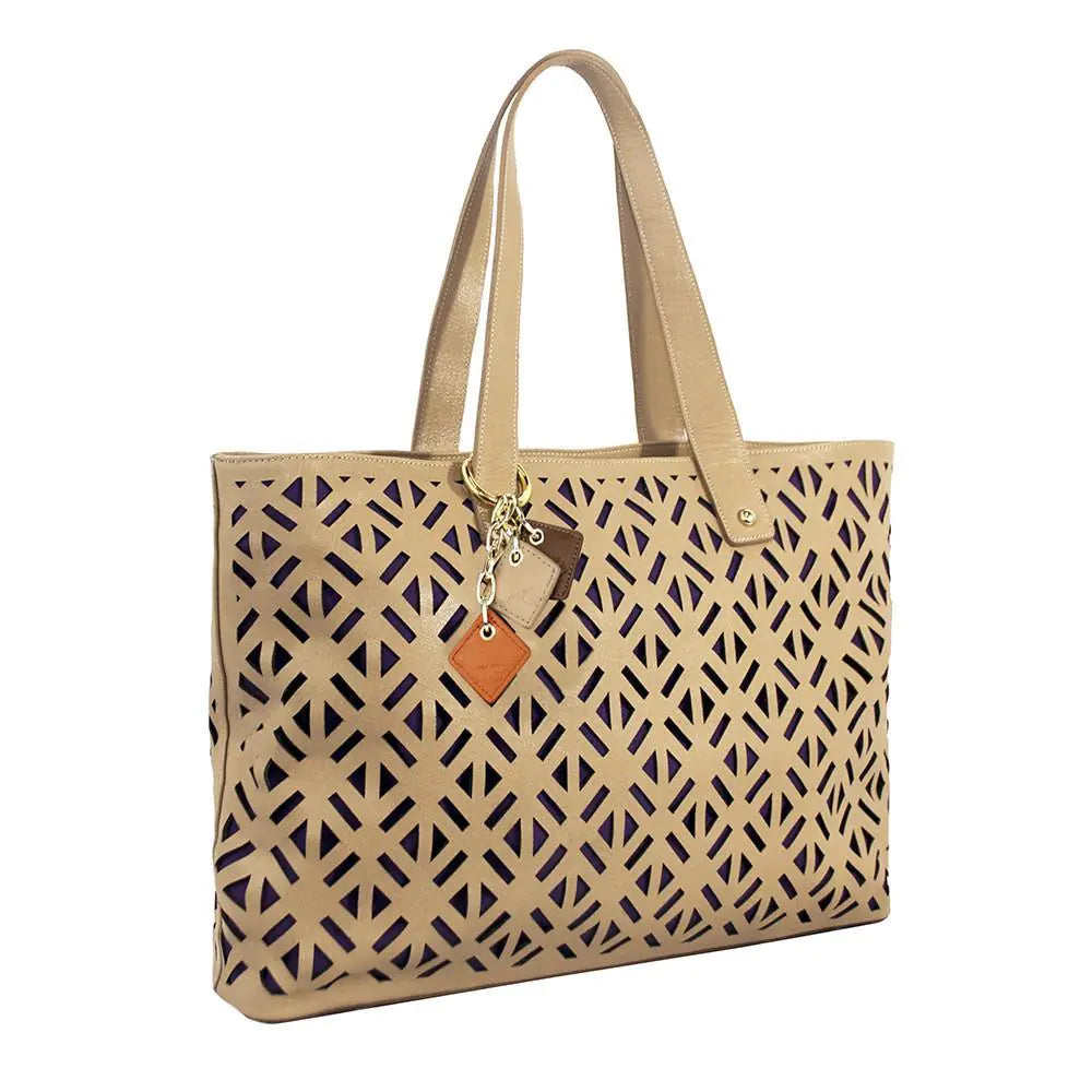 Tan Leather Luxe Tote - Classic Leather Travel Handbag with Purple Lining | Gotaar