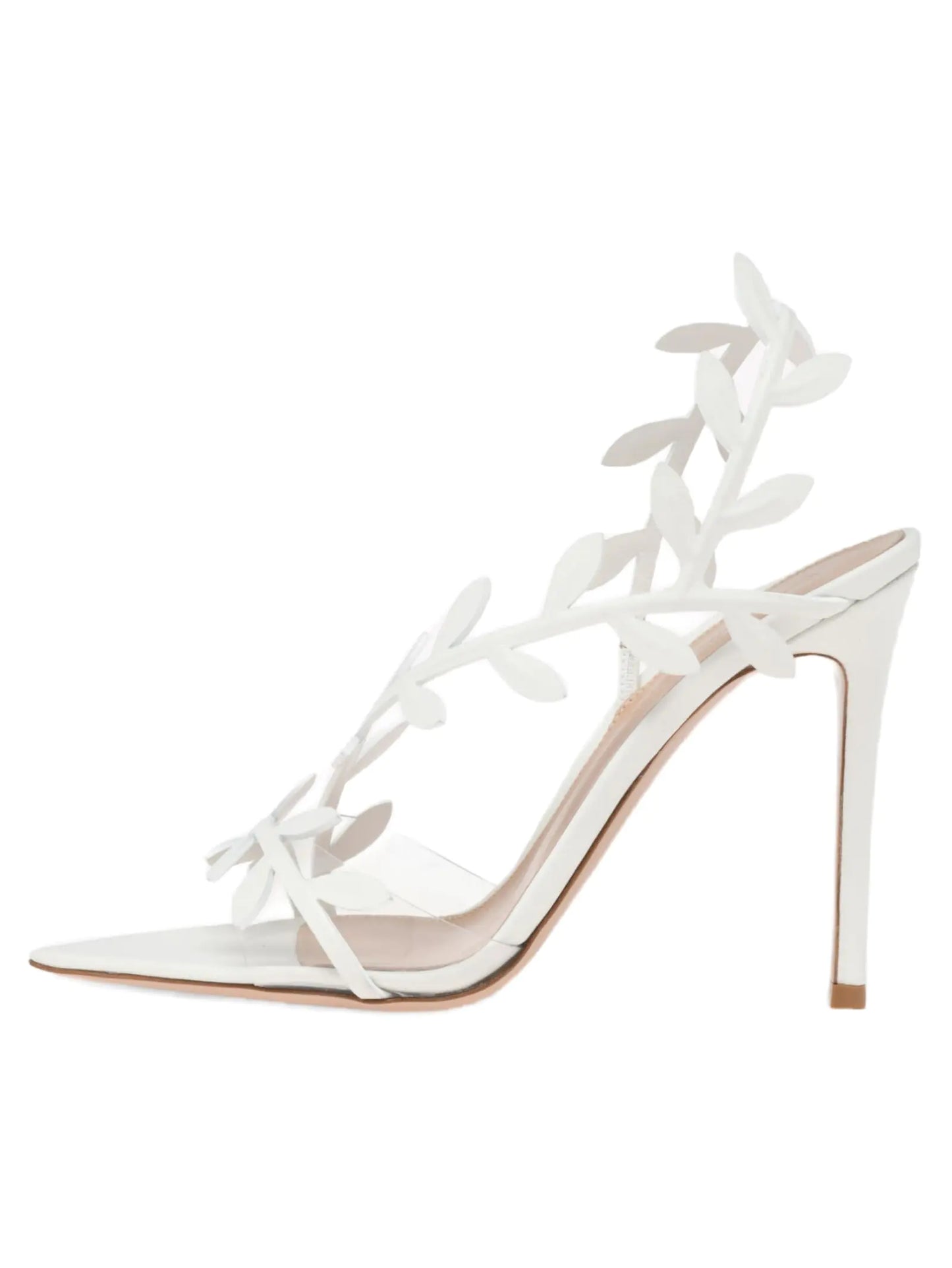 Elegant White Floral Stiletto Heels - 3.9" Clear Heel Sandals with Gold Leaf Design