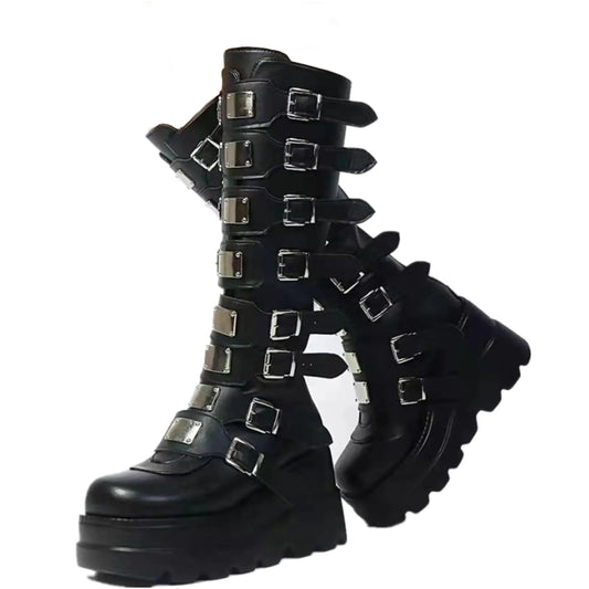 NIGXWNS Women's Platform Knee High Goth Boots - Punk Combat Boots with Buckle