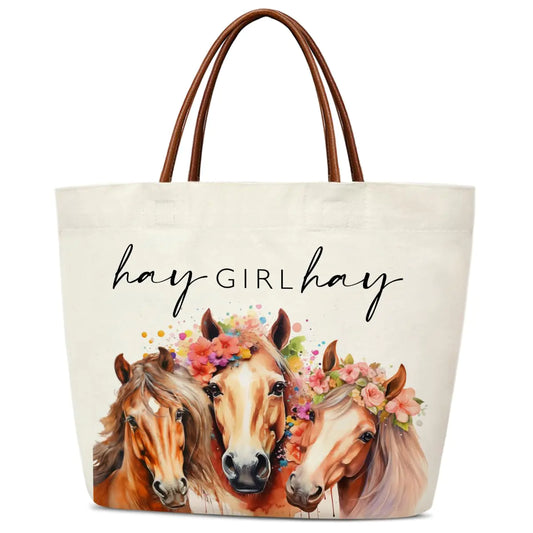 Equestrian Charm Canvas Tote - Spacious Double-Sided Print Shoulder Bag