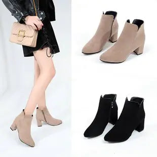 Women's Frosted High Heel Boots - Pointed Toe Cowhide Leather Ankle Boots